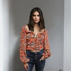 Free People Mabel Printed Rose Combo Open Back Lace Up Blouse Sz L